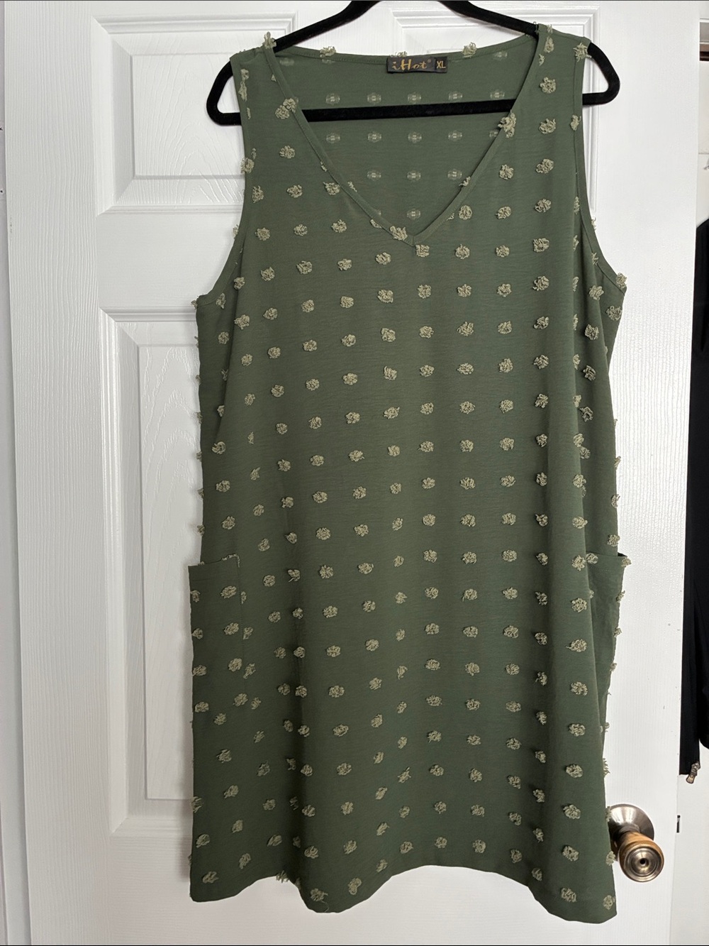 Relaxed V-Neck Mini Dress in Olive with Cream Dot Texture